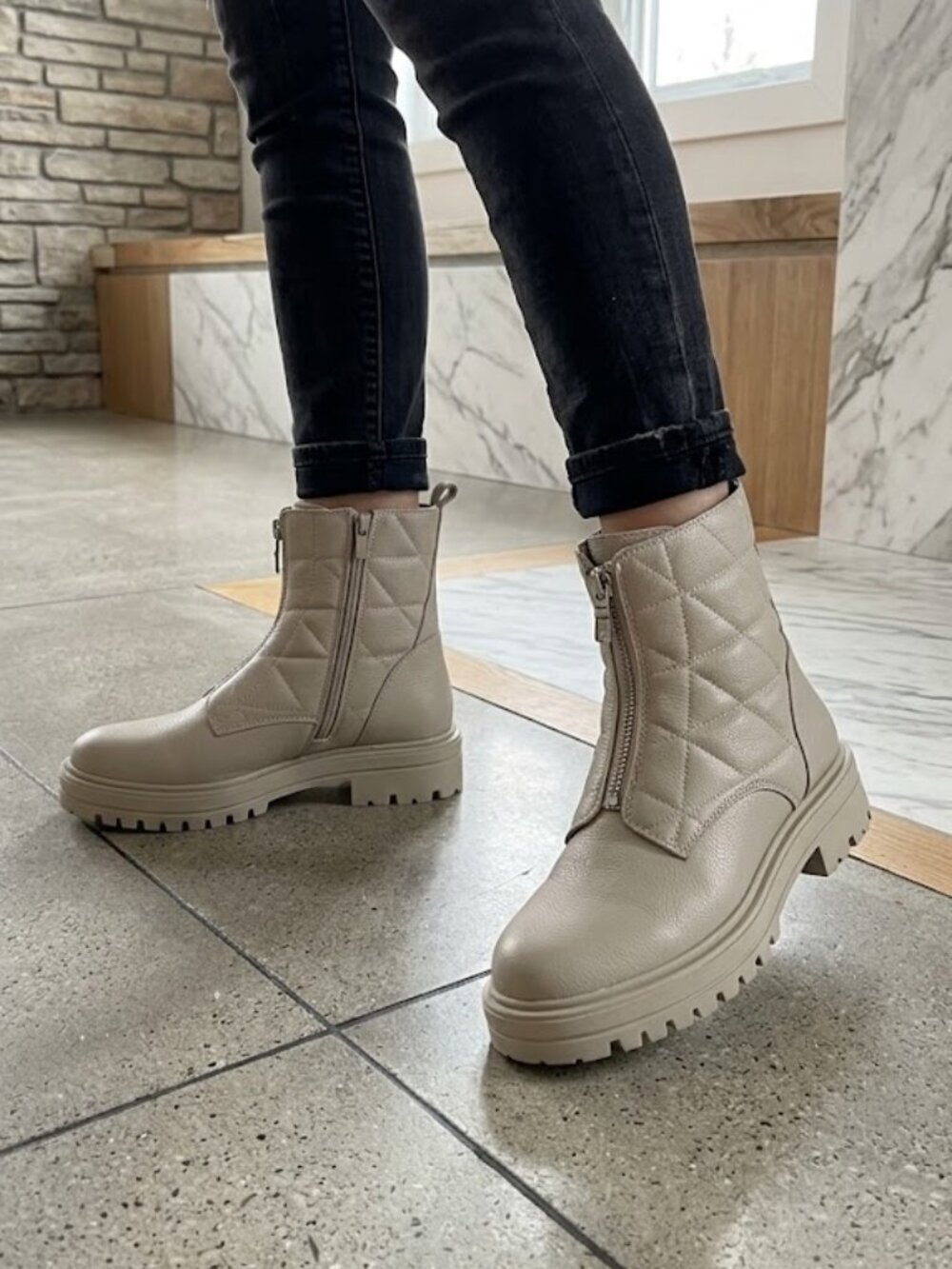 Quilted Leather Zip Front Ankle Combat Boots Lug Sole Beige Nude